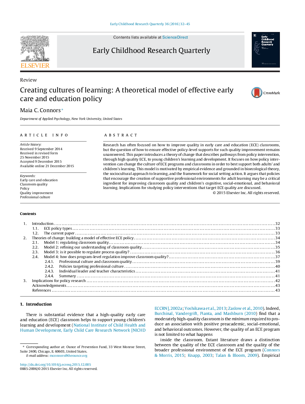 Creating cultures of learning: A theoretical model of effective early care and education policy