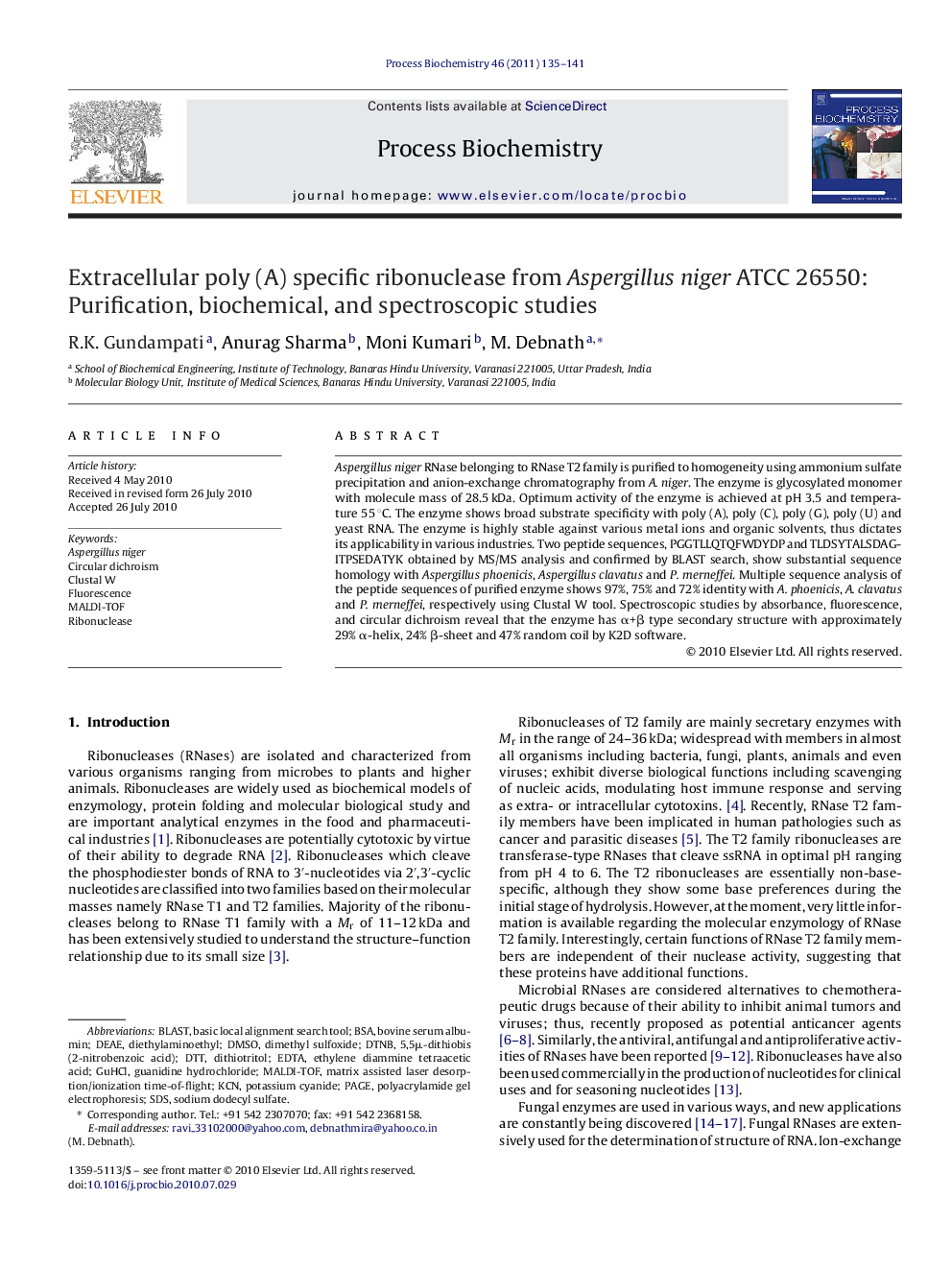 Extracellular poly (A) specific ribonuclease from Aspergillus niger ATCC 26550: Purification, biochemical, and spectroscopic studies