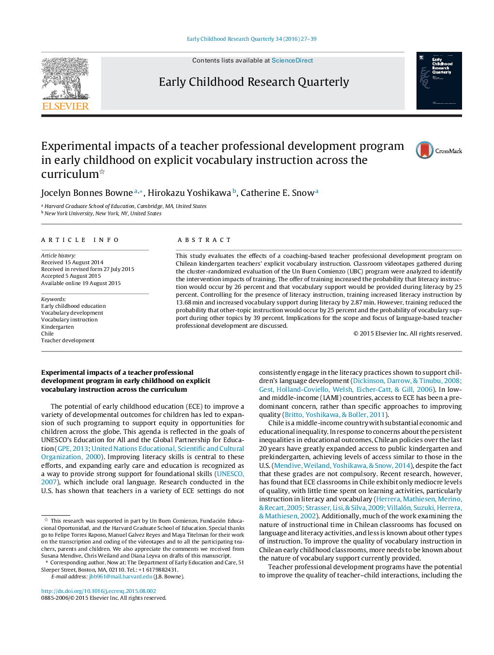 Experimental impacts of a teacher professional development program in early childhood on explicit vocabulary instruction across the curriculum 