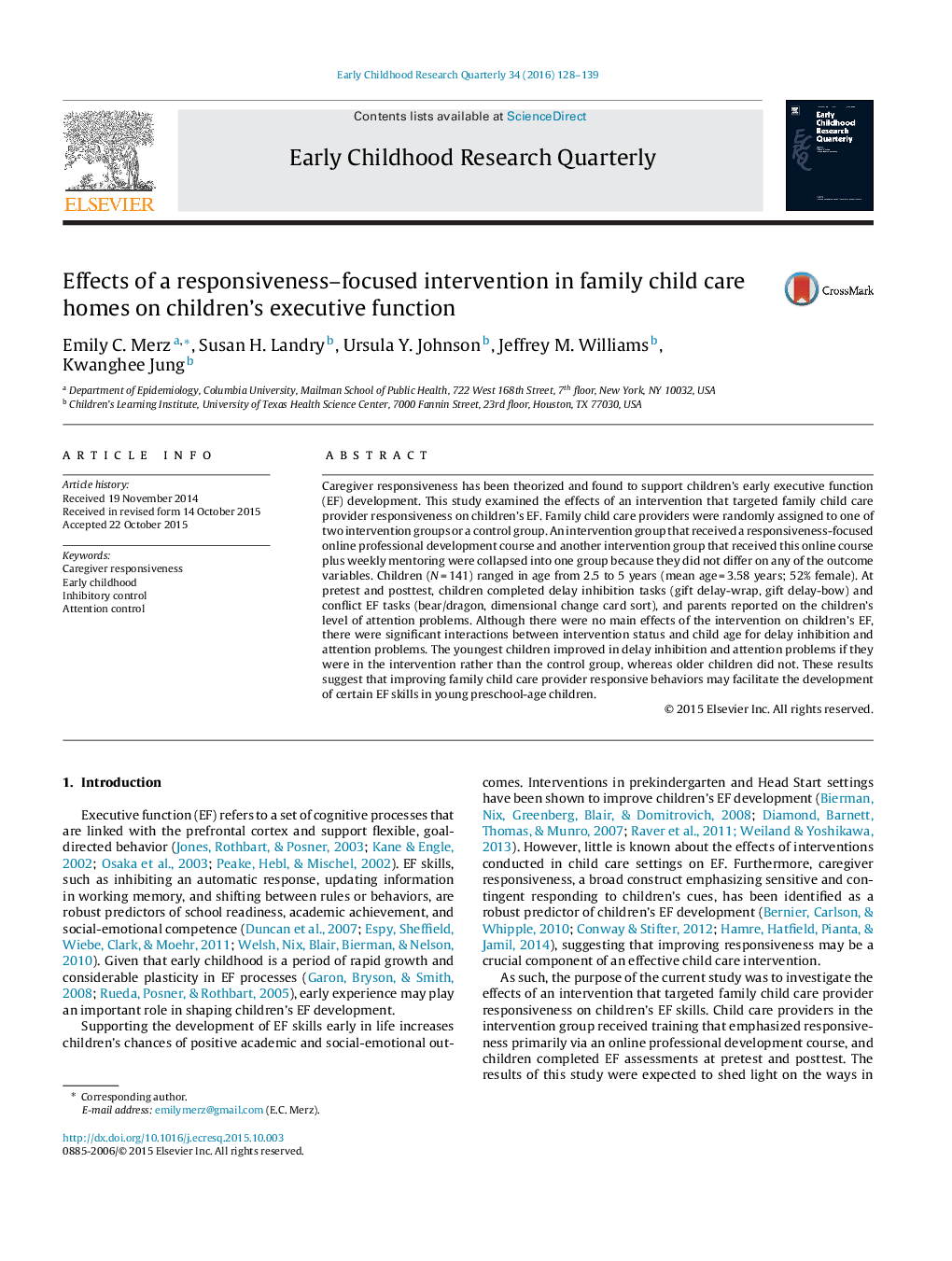 Effects of a responsiveness–focused intervention in family child care homes on children’s executive function