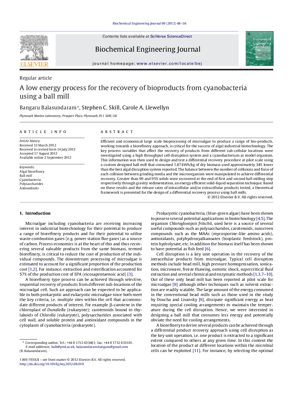 A low energy process for the recovery of bioproducts from cyanobacteria using a ball mill