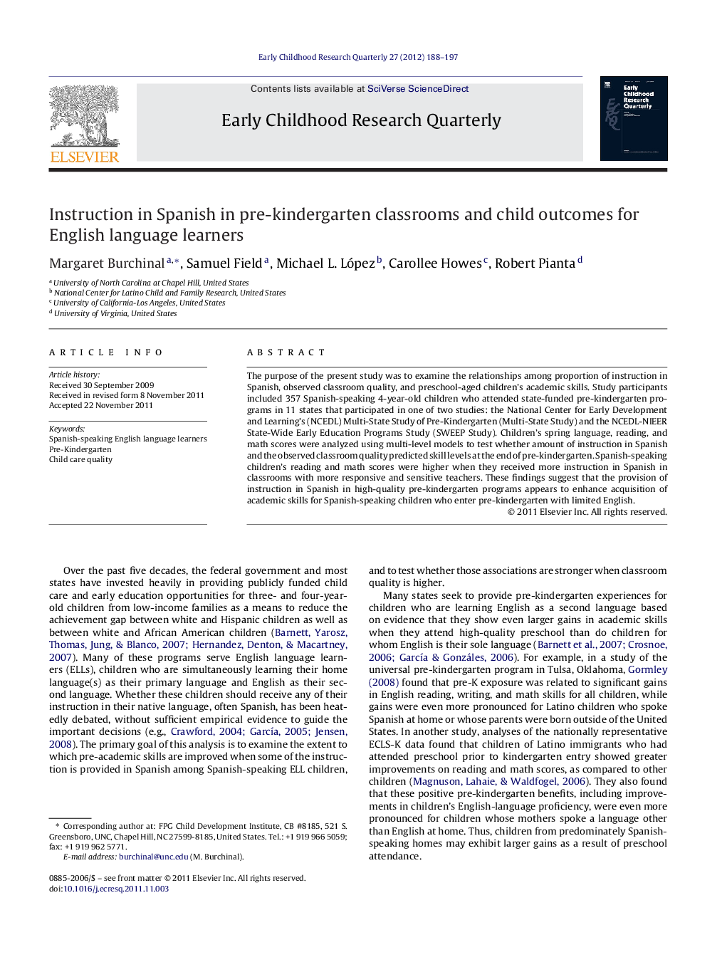 Instruction in Spanish in pre-kindergarten classrooms and child outcomes for English language learners