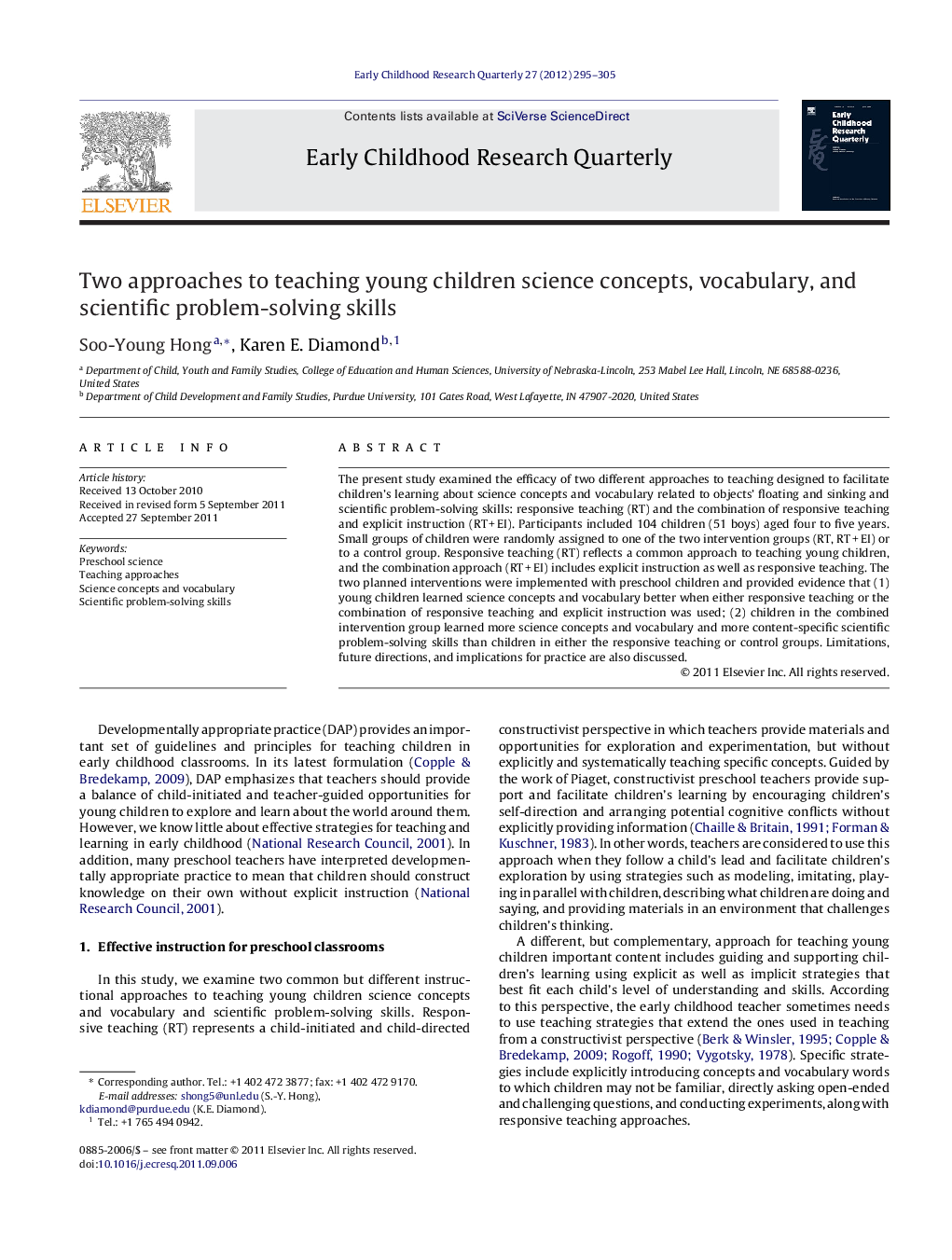 عکس صفحه اول مقاله: Two approaches to teaching young children science concepts, vocabulary, and scientific problem-solving skills Two approaches to teaching young children science concepts, vocabulary, and scientific problem-solving skills