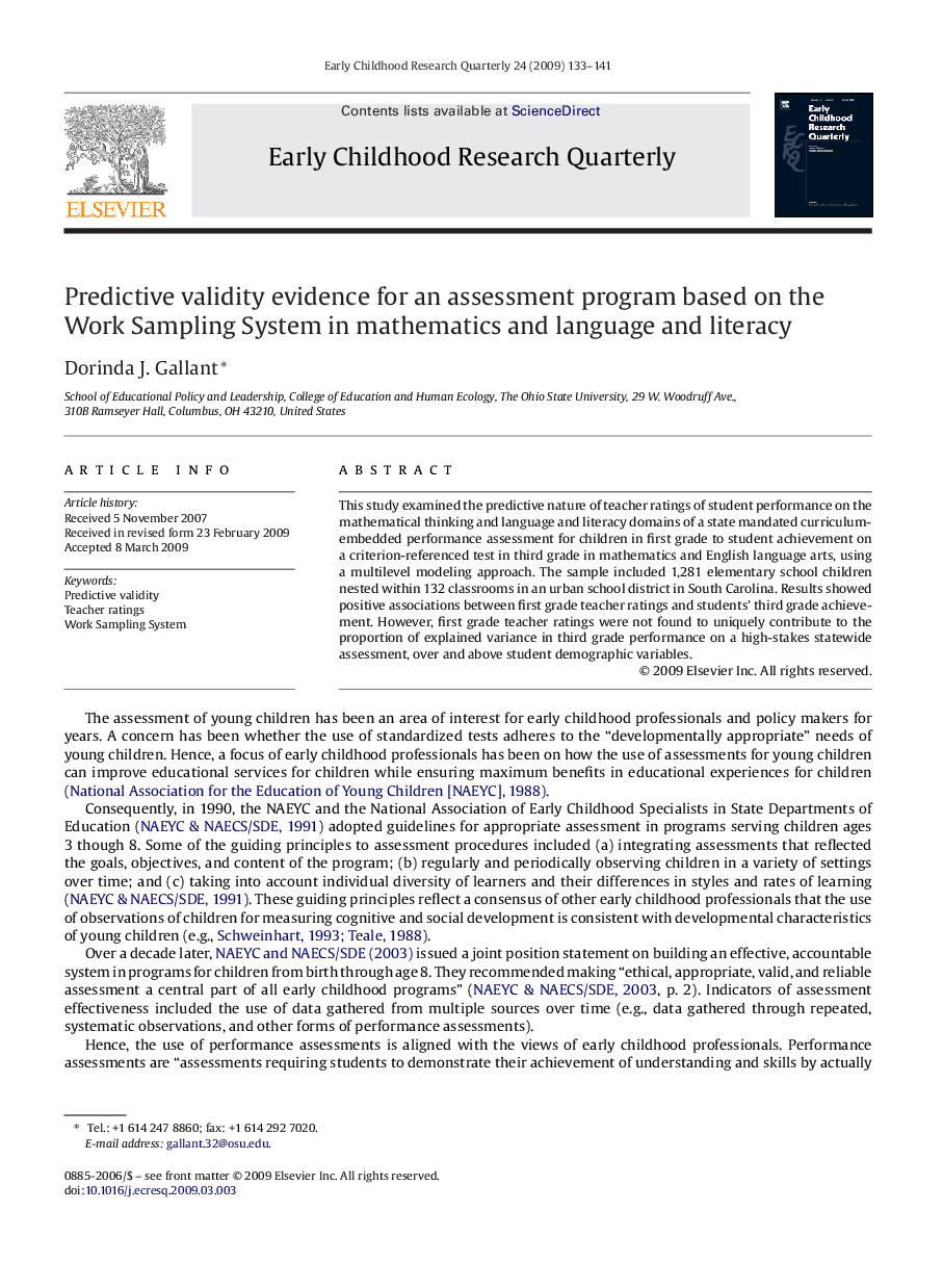 Predictive validity evidence for an assessment program based on the Work Sampling System in mathematics and language and literacy