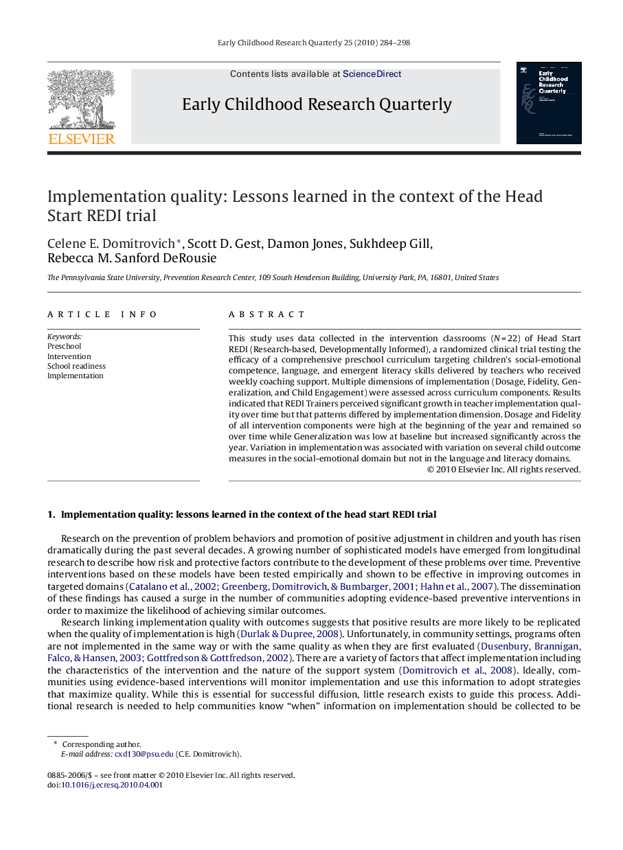 Implementation quality: Lessons learned in the context of the Head Start REDI trial