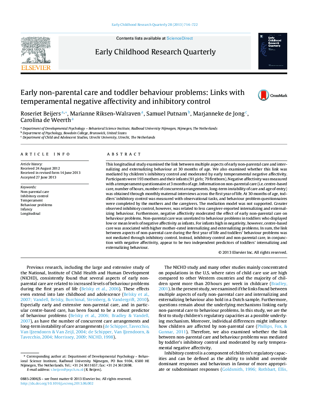 Early non-parental care and toddler behaviour problems: Links with temperamental negative affectivity and inhibitory control