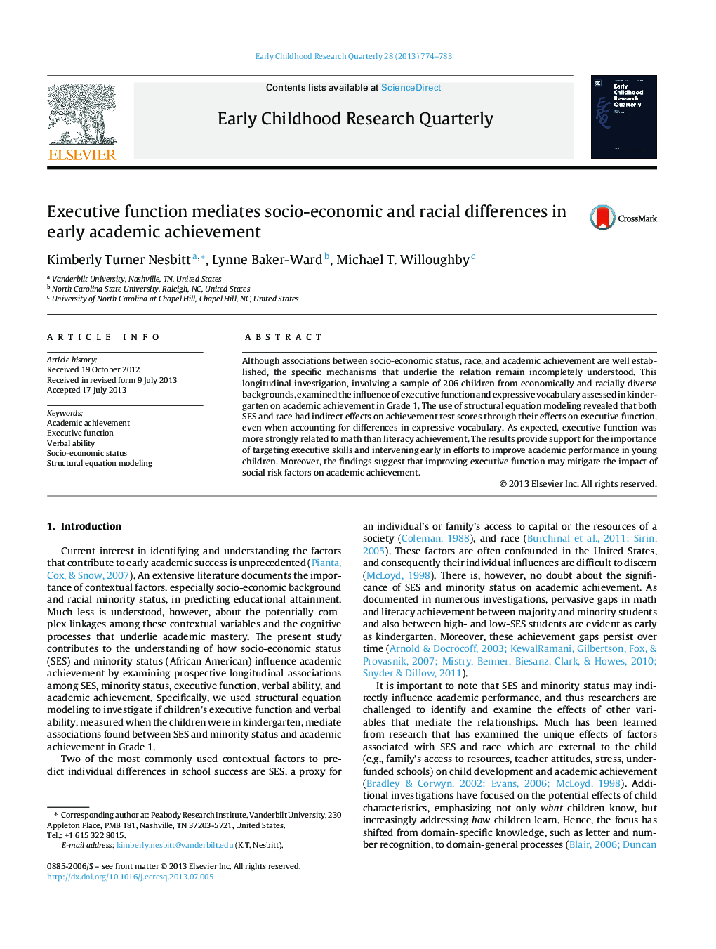 Executive function mediates socio-economic and racial differences in early academic achievement