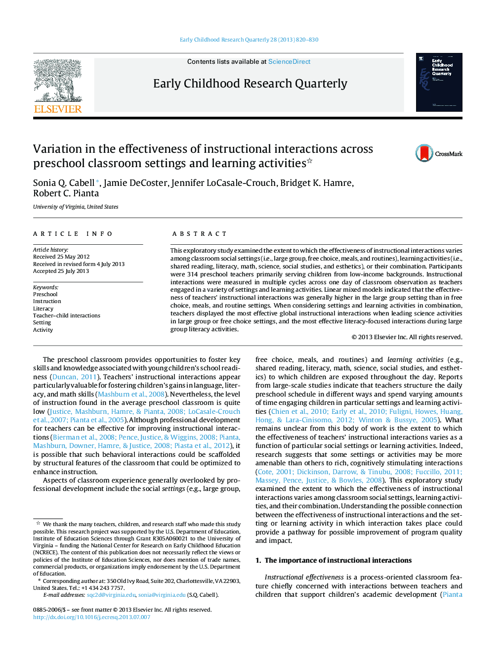 Variation in the effectiveness of instructional interactions across preschool classroom settings and learning activities 