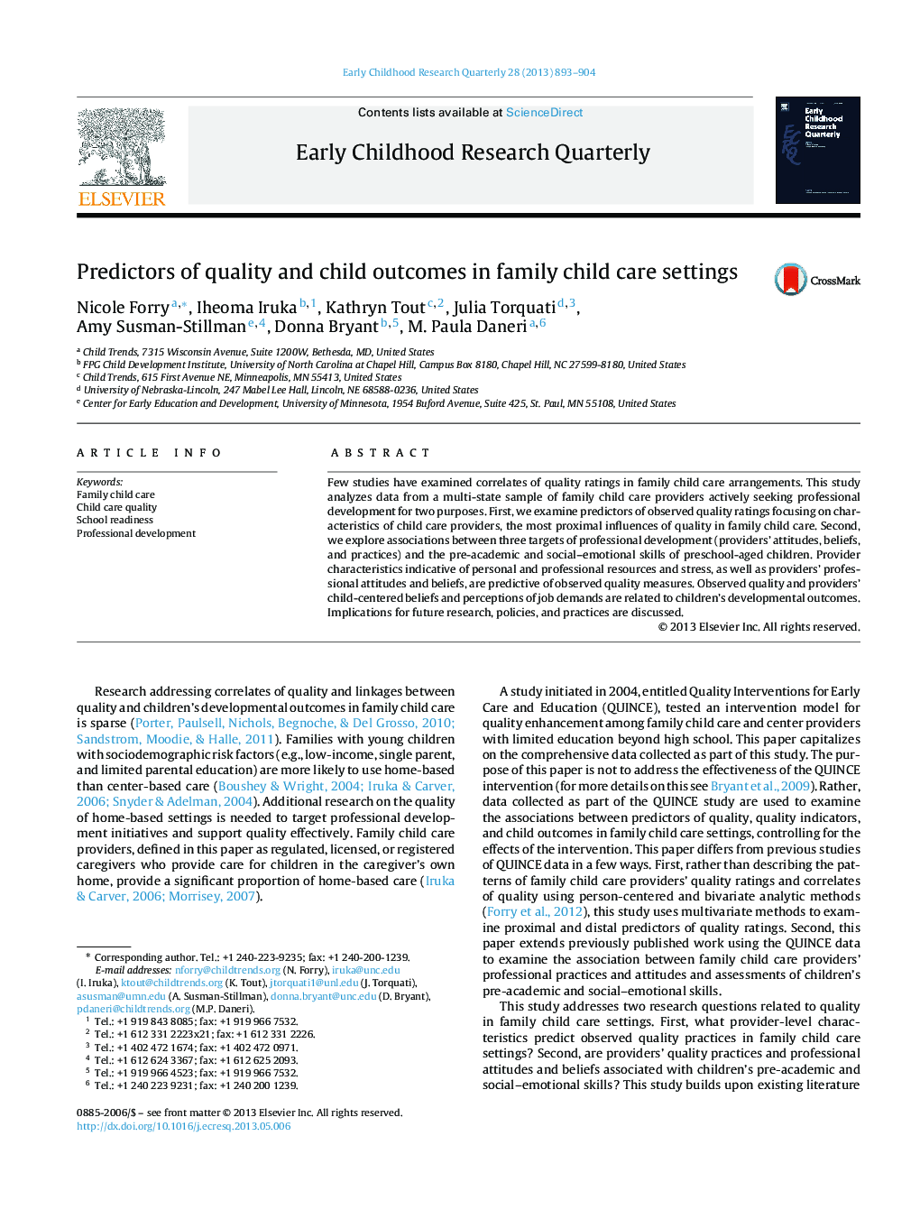 Predictors of quality and child outcomes in family child care settings