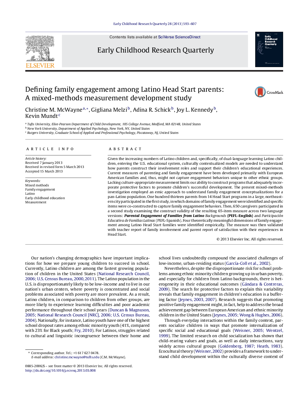 Defining family engagement among Latino Head Start parents: A mixed-methods measurement development study