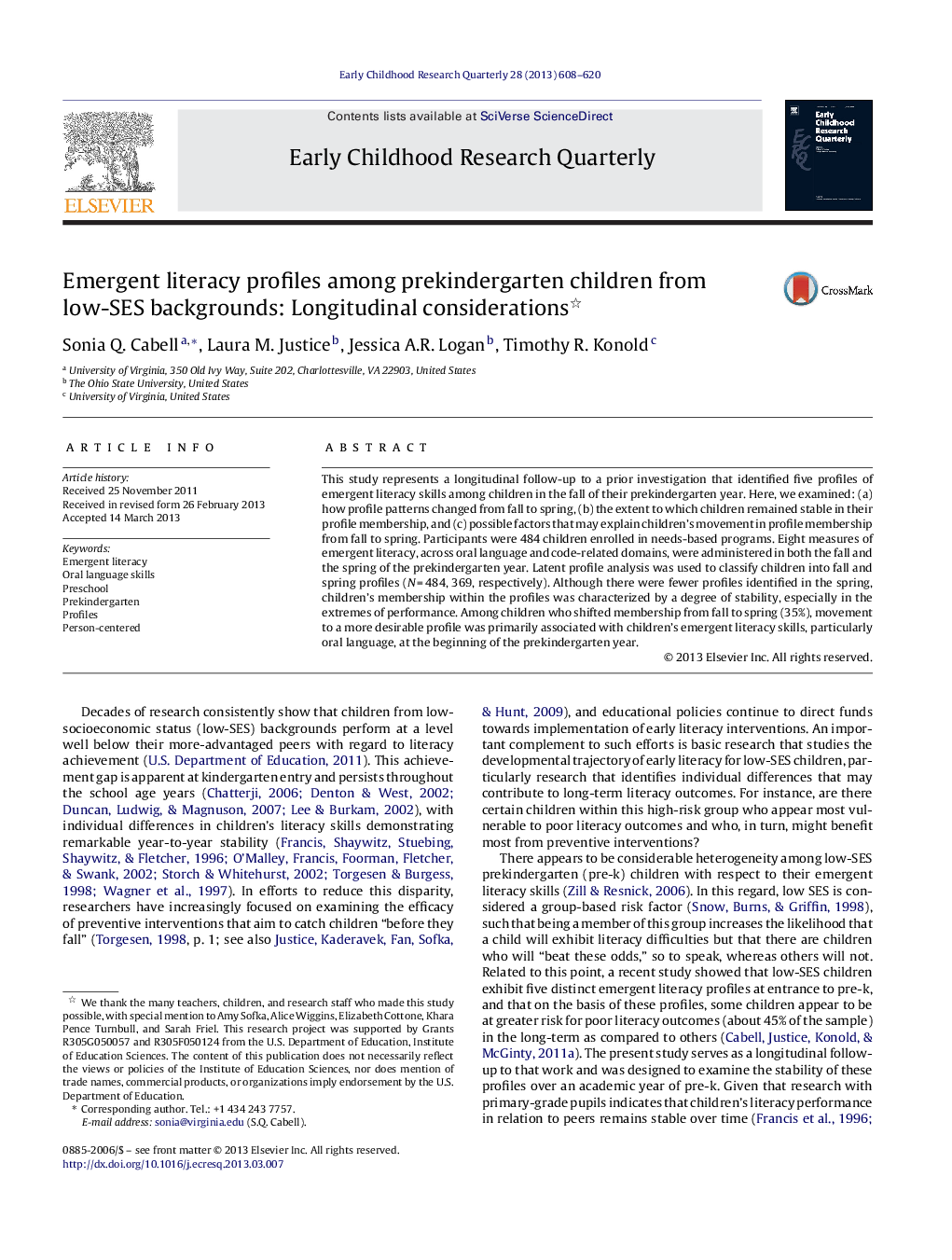 Emergent literacy profiles among prekindergarten children from low-SES backgrounds: Longitudinal considerations 