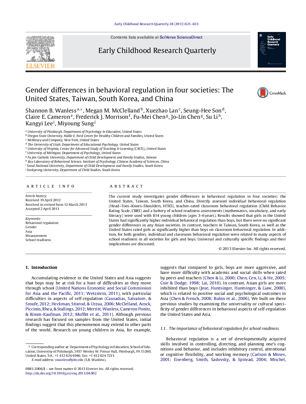 Gender differences in behavioral regulation in four societies: The United States, Taiwan, South Korea, and China