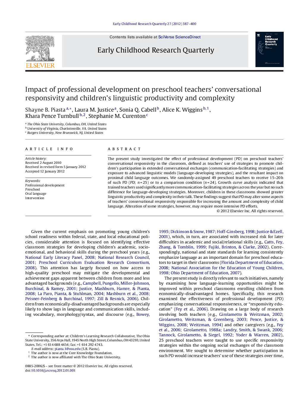 Impact of professional development on preschool teachers’ conversational responsivity and children's linguistic productivity and complexity