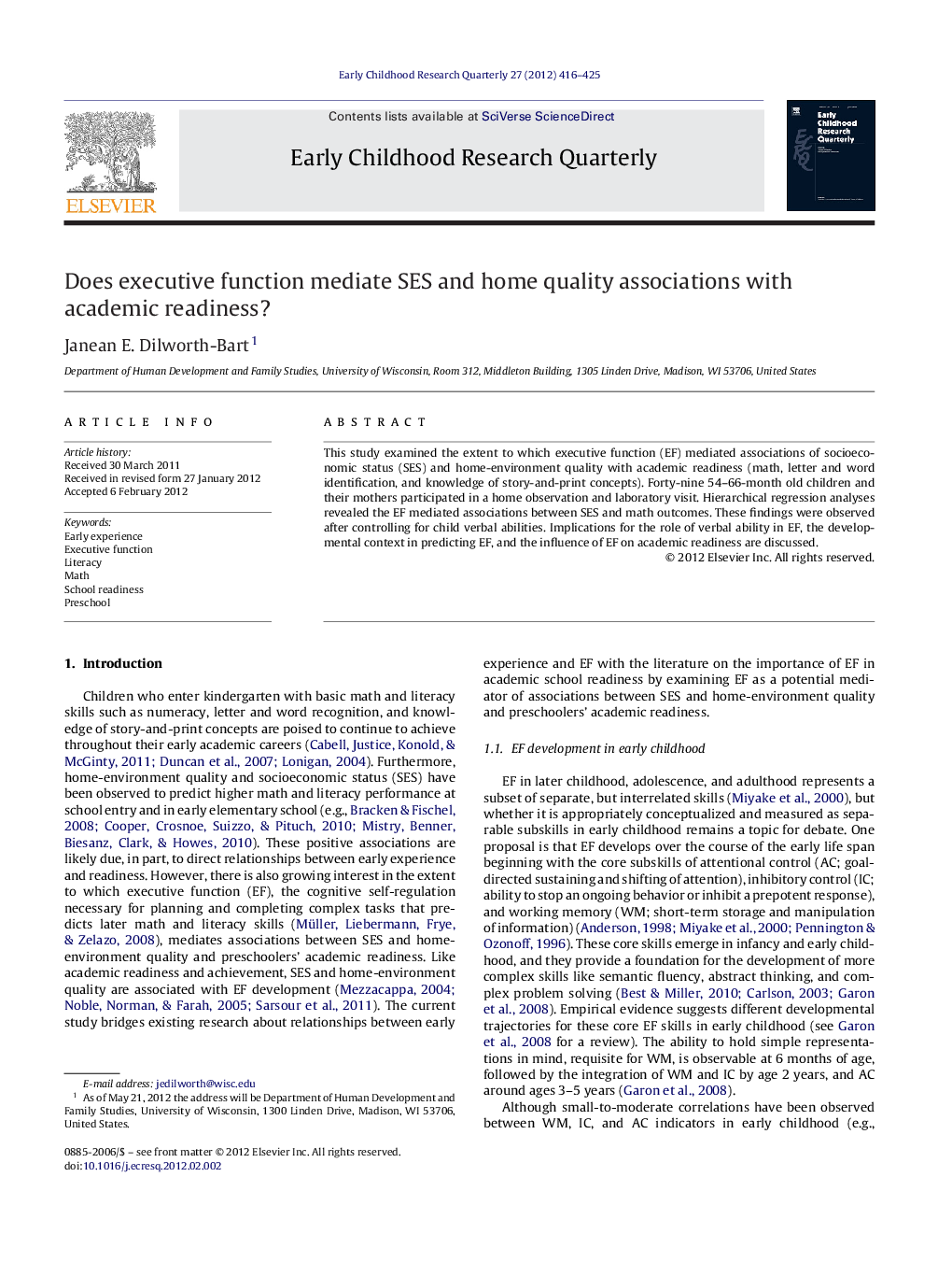 Does executive function mediate SES and home quality associations with academic readiness?