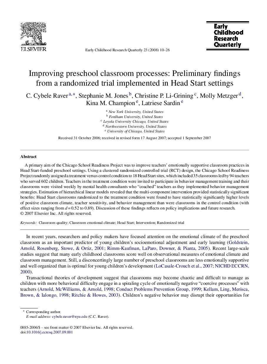 Improving preschool classroom processes: Preliminary findings from a randomized trial implemented in Head Start settings