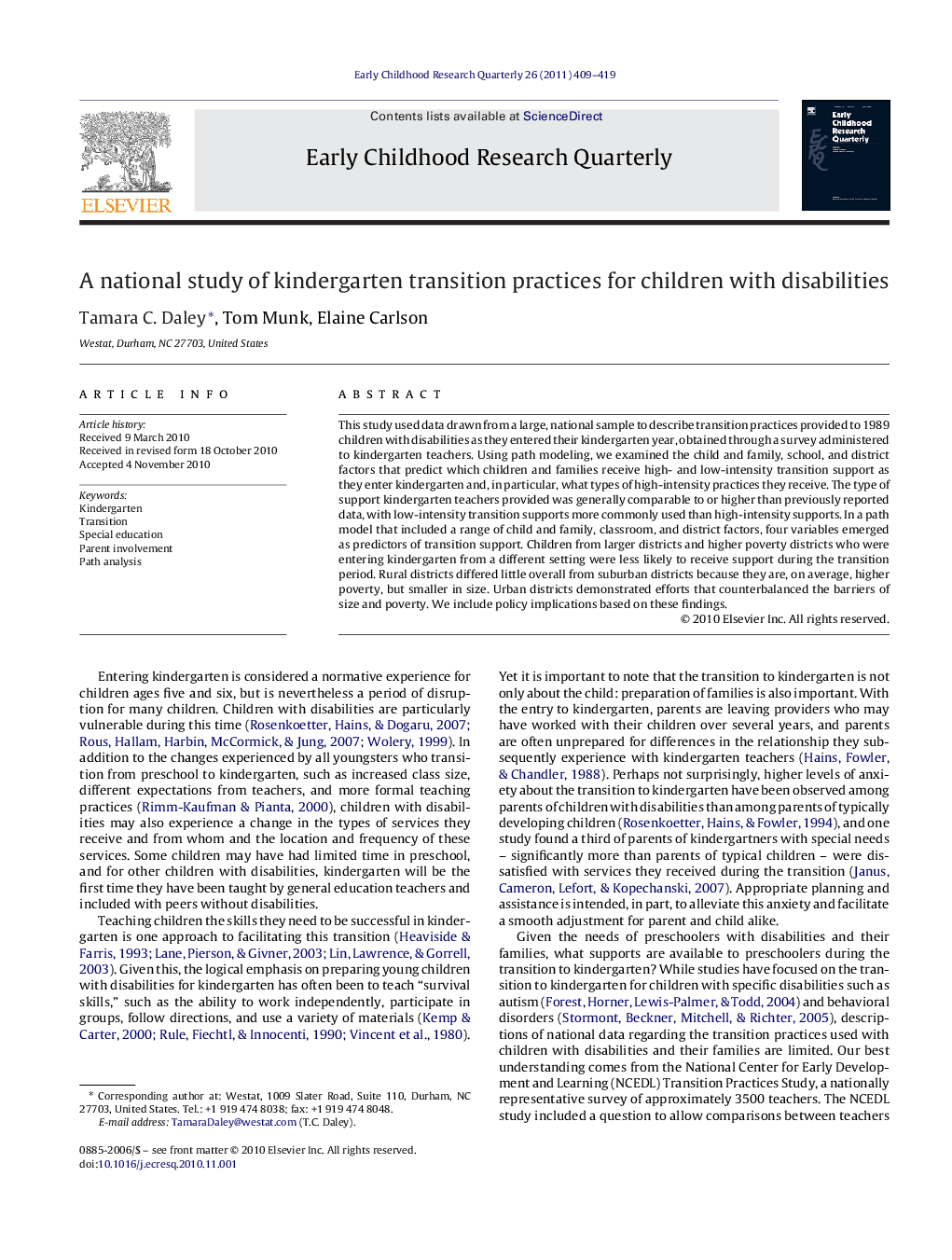 A national study of kindergarten transition practices for children with disabilities