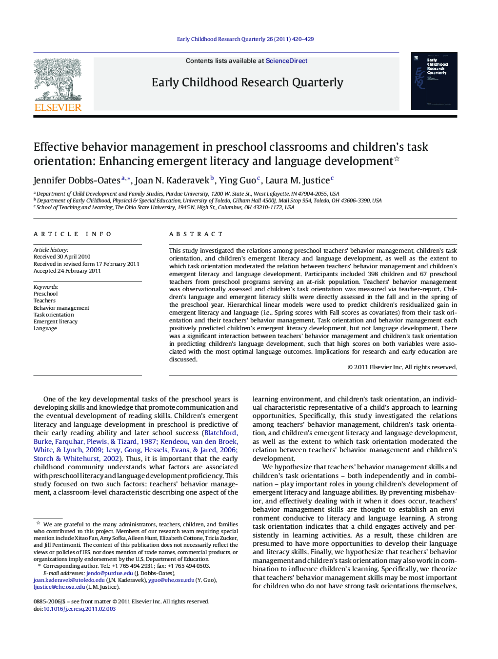 Effective behavior management in preschool classrooms and children's task orientation: Enhancing emergent literacy and language development 