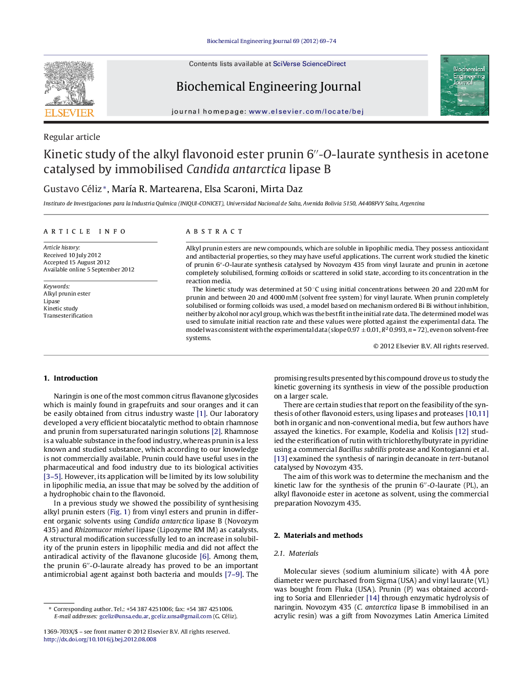 Kinetic study of the alkyl flavonoid ester prunin 6″-O-laurate synthesis in acetone catalysed by immobilised Candida antarctica lipase B