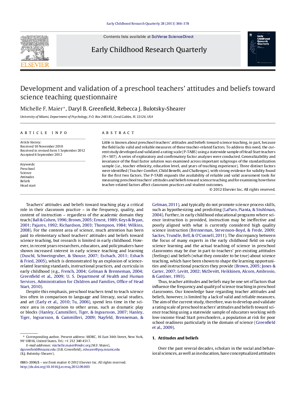 Development and validation of a preschool teachers’ attitudes and beliefs toward science teaching questionnaire