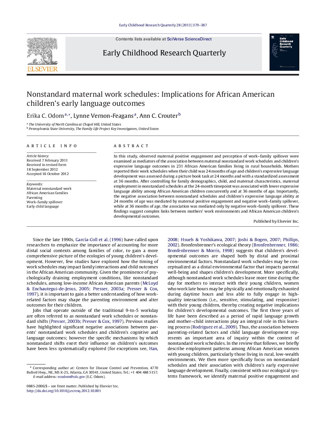 Nonstandard maternal work schedules: Implications for African American children's early language outcomes