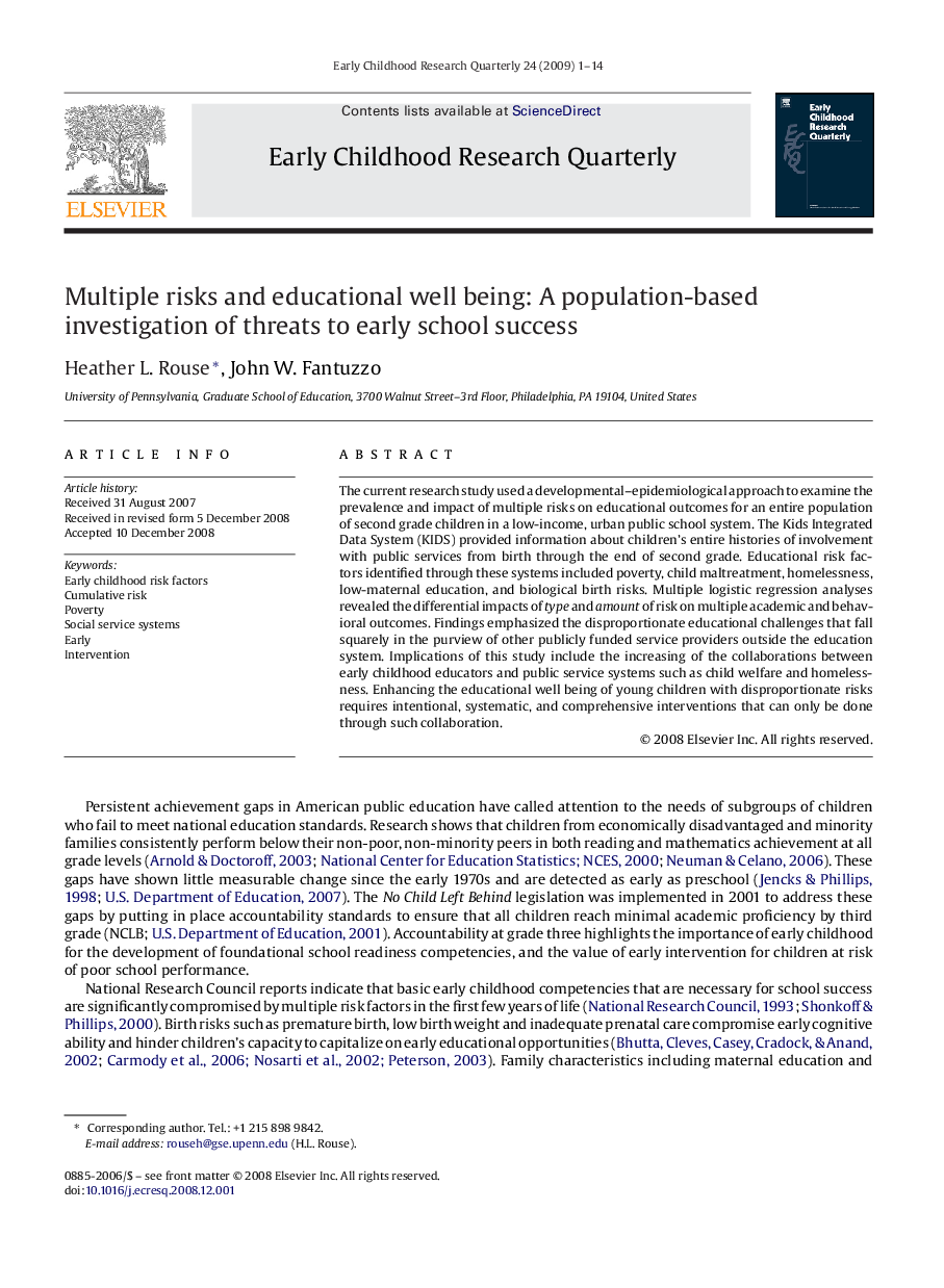 Multiple risks and educational well being: A population-based investigation of threats to early school success