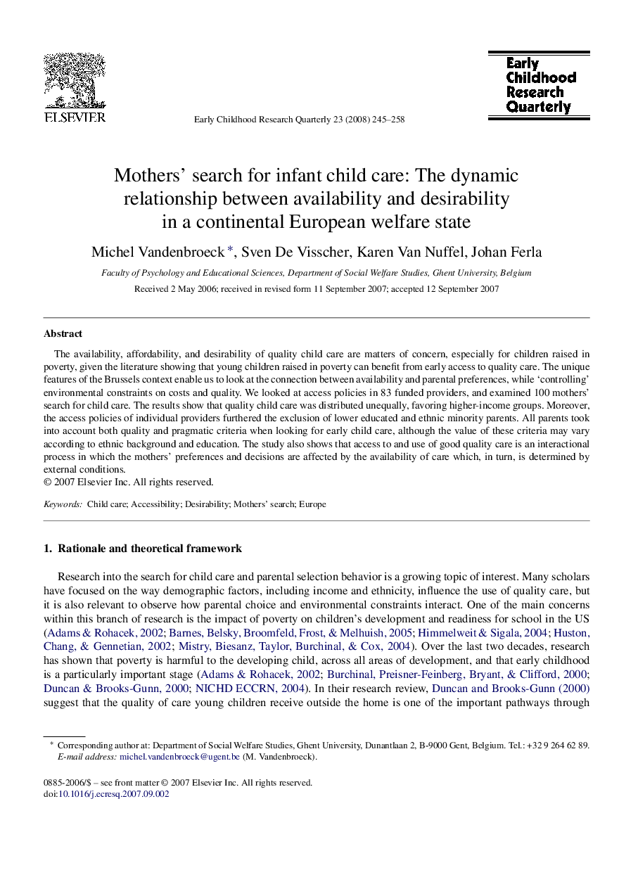 Mothers’ search for infant child care: The dynamic relationship between availability and desirability in a continental European welfare state