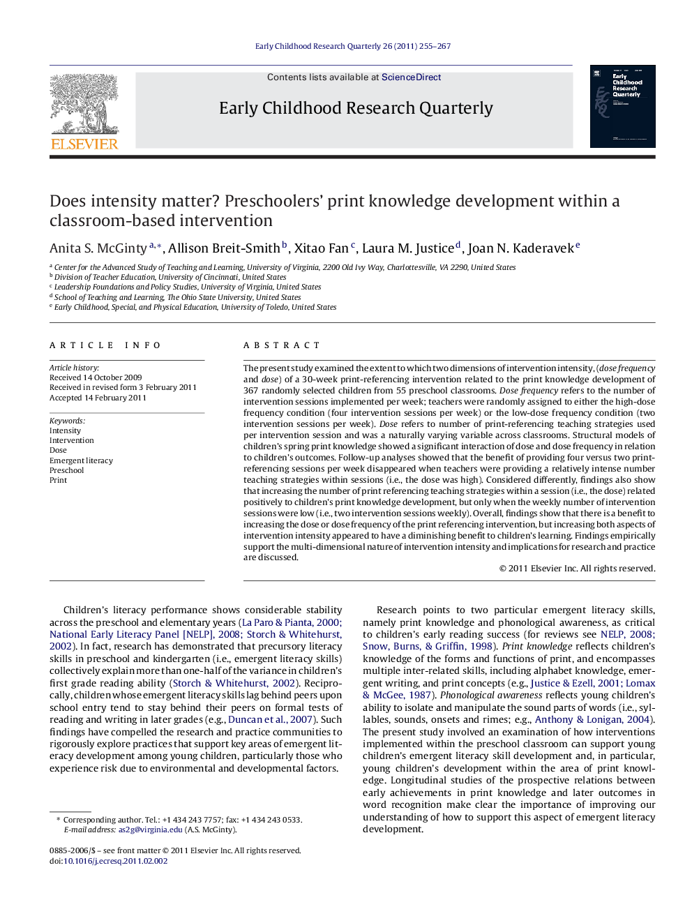 Does intensity matter? Preschoolers’ print knowledge development within a classroom-based intervention