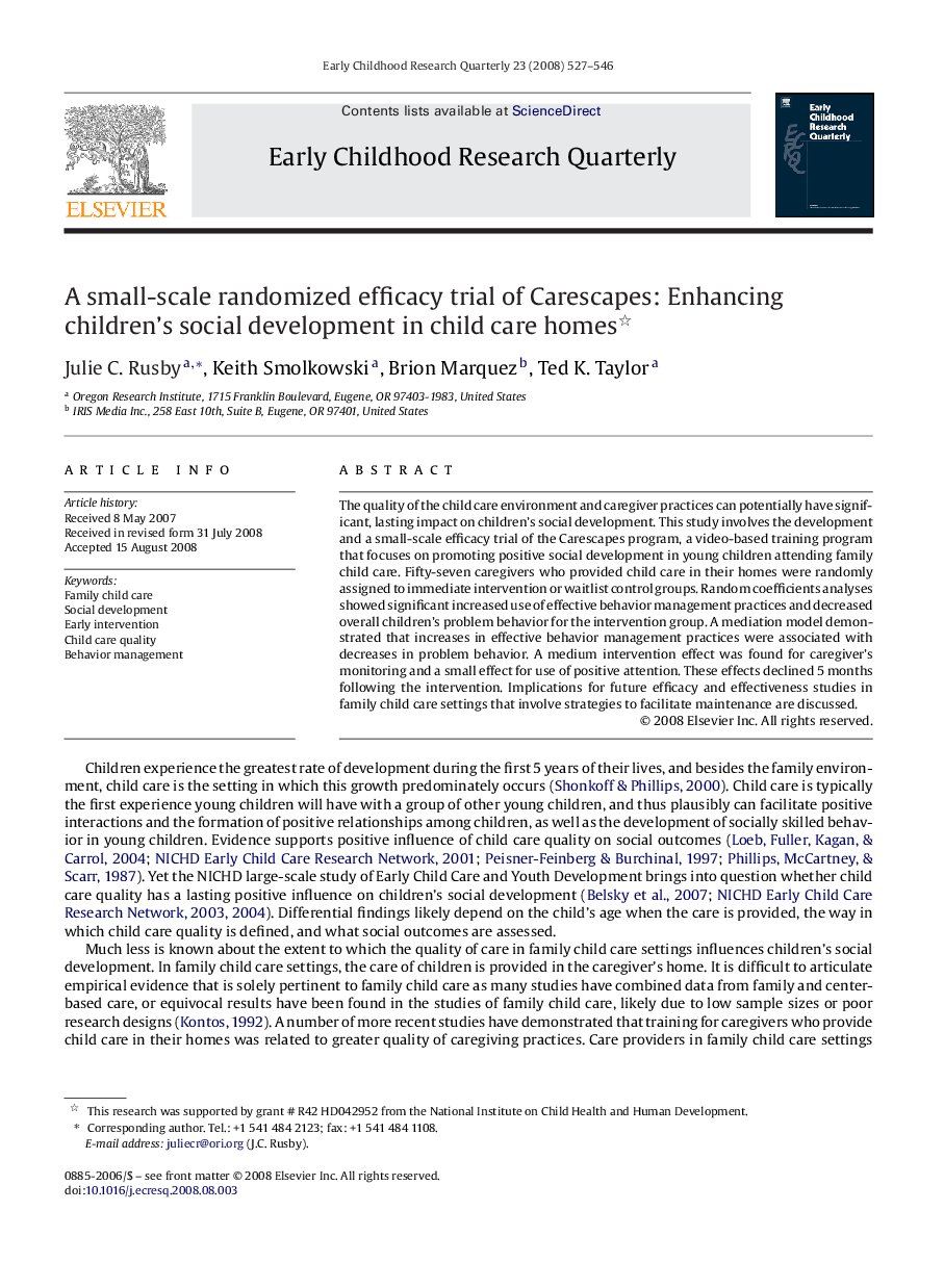 A small-scale randomized efficacy trial of Carescapes: Enhancing children’s social development in child care homes 