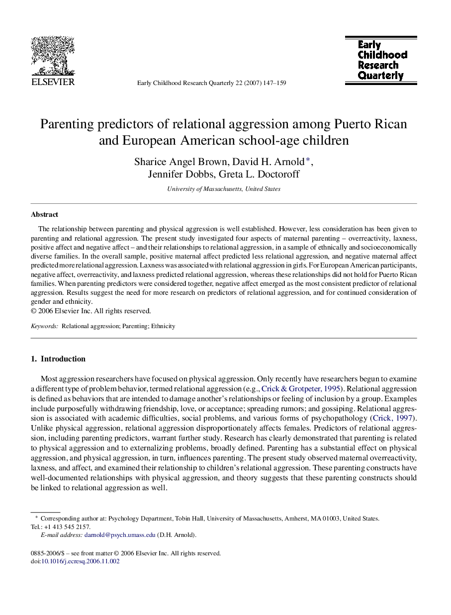 Parenting predictors of relational aggression among Puerto Rican and European American school-age children