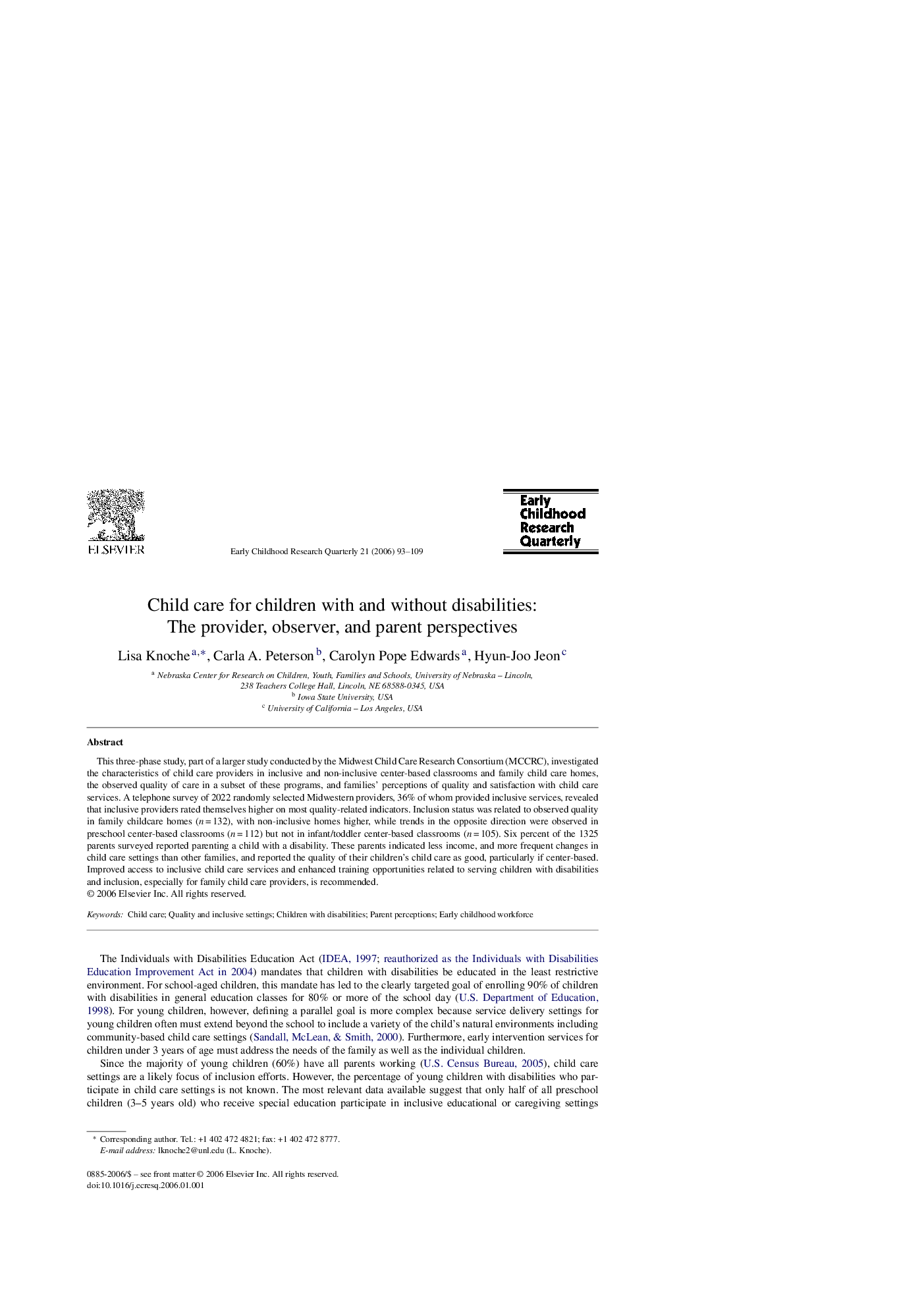 Child care for children with and without disabilities: The provider, observer, and parent perspectives