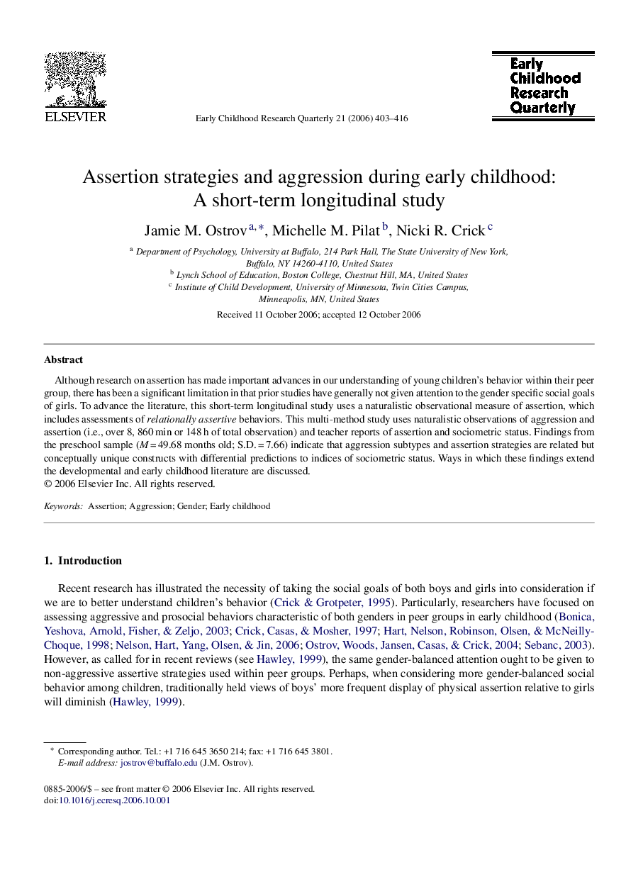 Assertion strategies and aggression during early childhood: A short-term longitudinal study