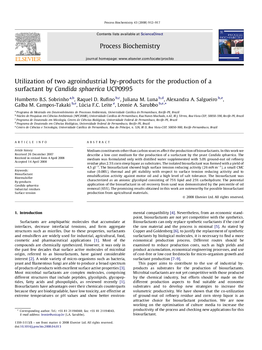 Utilization of two agroindustrial by-products for the production of a surfactant by Candida sphaerica UCP0995