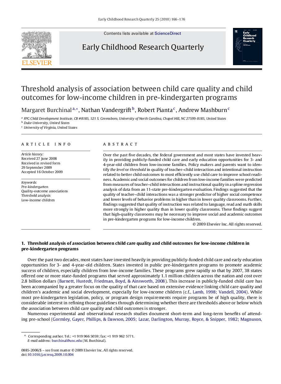 Threshold analysis of association between child care quality and child outcomes for low-income children in pre-kindergarten programs