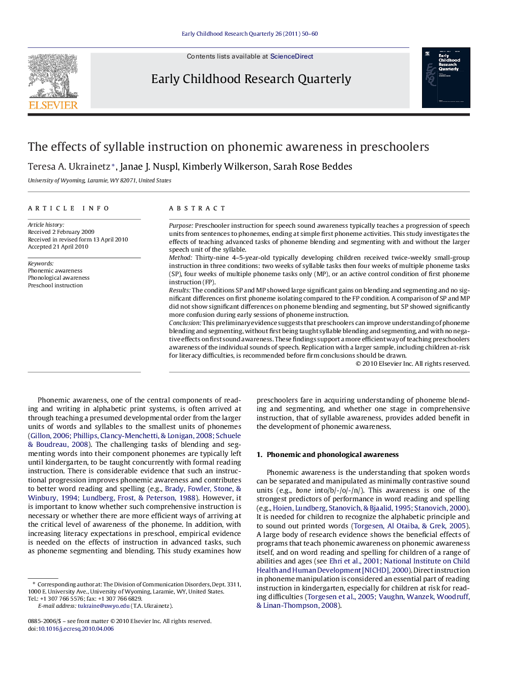 The effects of syllable instruction on phonemic awareness in preschoolers