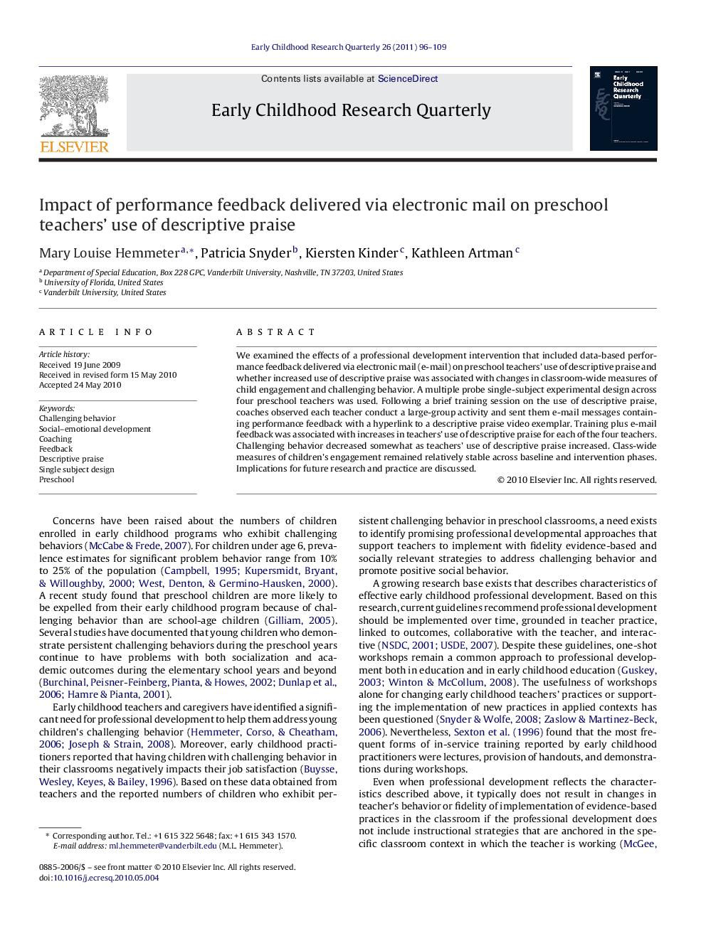 Impact of performance feedback delivered via electronic mail on preschool teachers’ use of descriptive praise