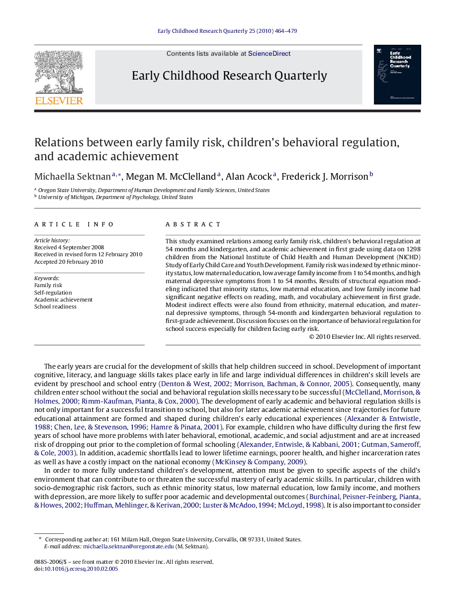 Relations between early family risk, children's behavioral regulation, and academic achievement