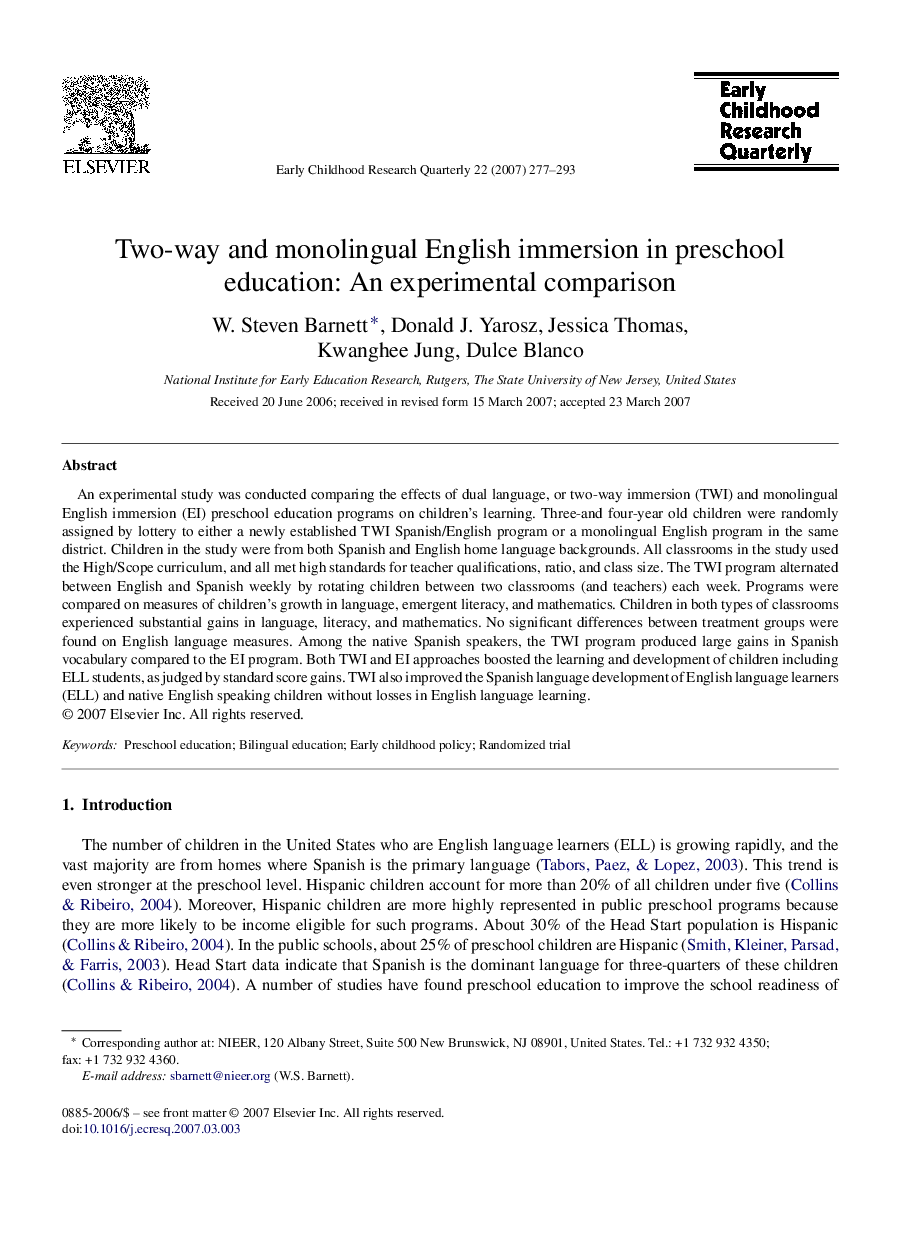 Two-way and monolingual English immersion in preschool education: An experimental comparison