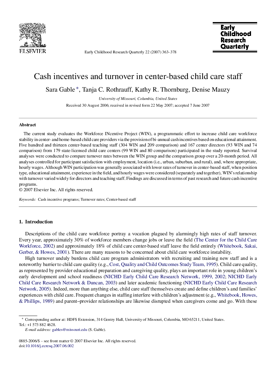 Cash incentives and turnover in center-based child care staff