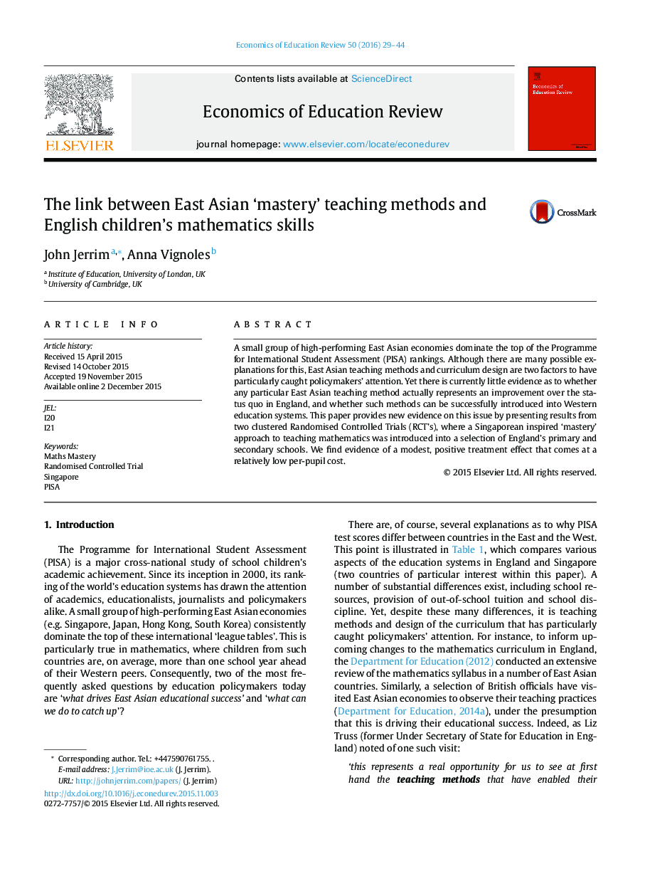 The link between East Asian ‘mastery’ teaching methods and English children's mathematics skills