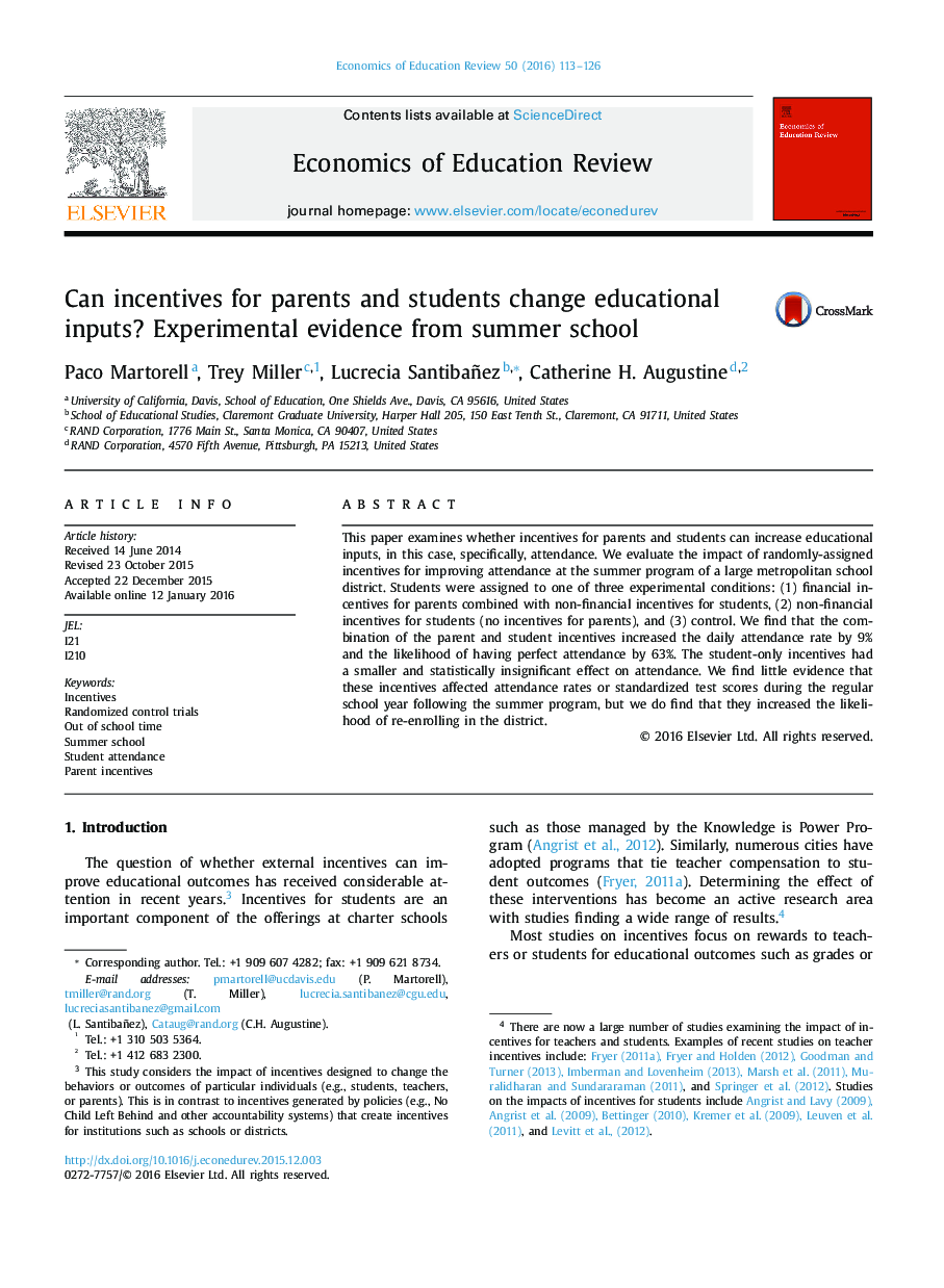 Can incentives for parents and students change educational inputs? Experimental evidence from summer school