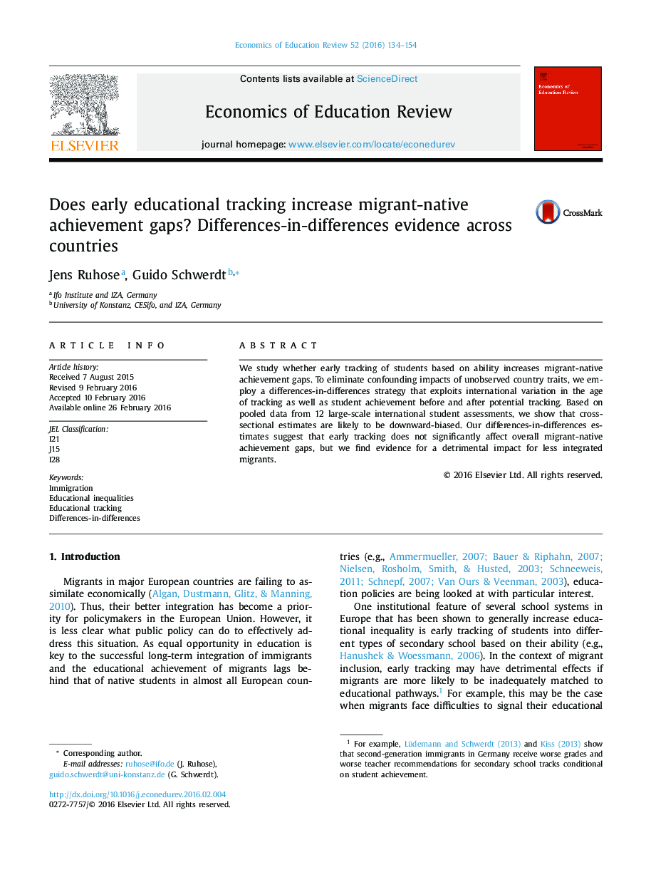 Does early educational tracking increase migrant-native achievement gaps? Differences-in-differences evidence across countries