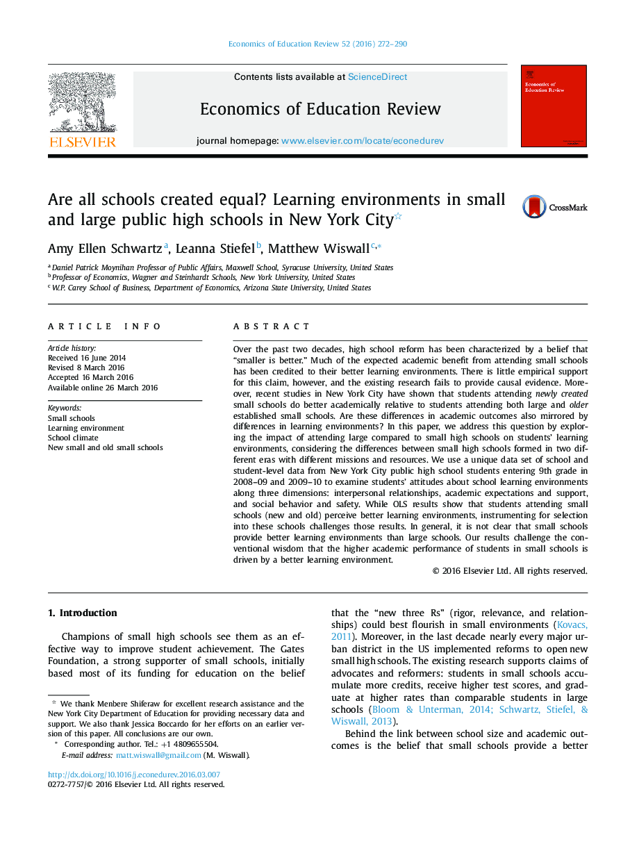 Are all schools created equal? Learning environments in small and large public high schools in New York City 