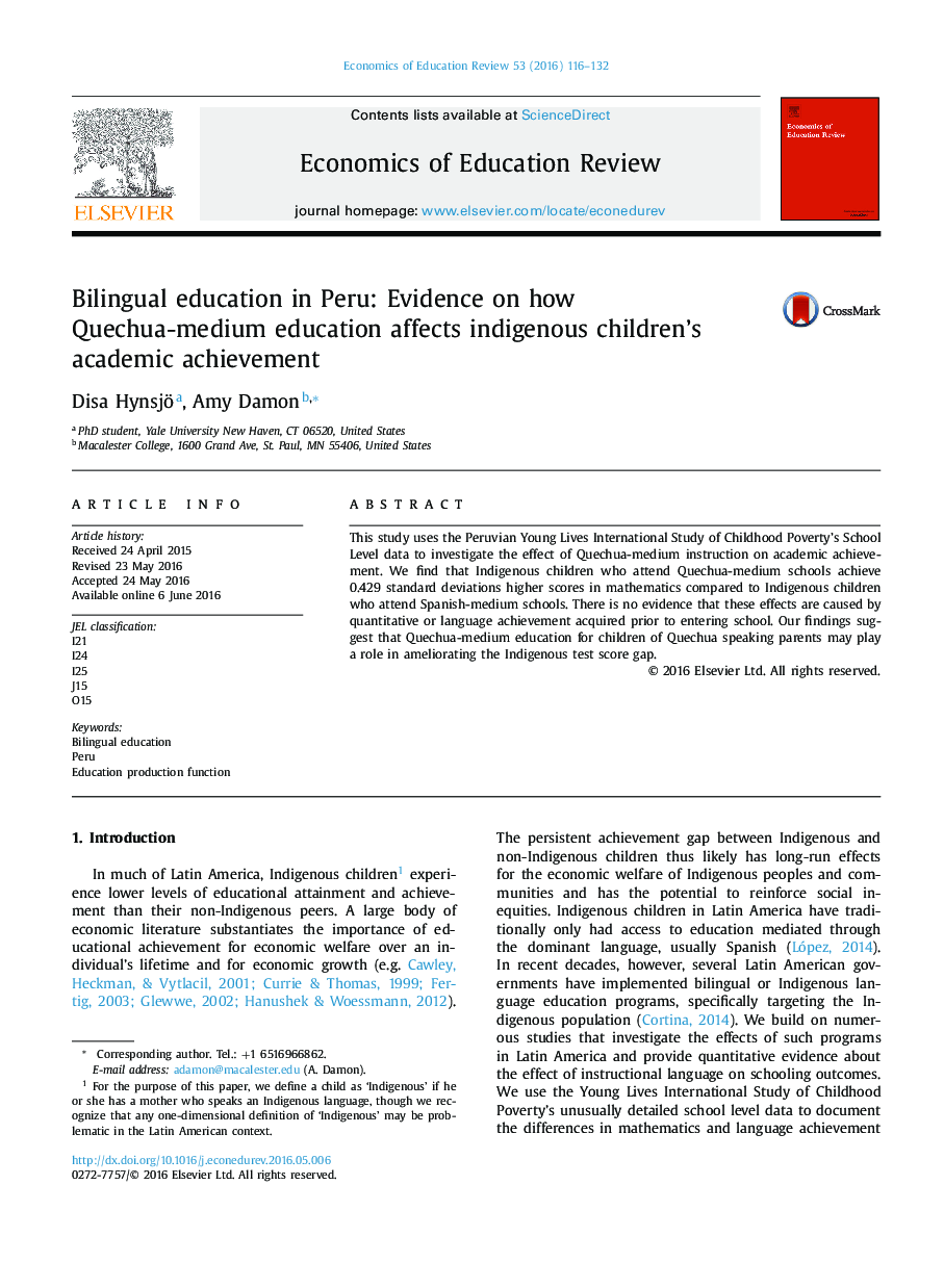 Bilingual education in Peru: Evidence on how Quechua-medium education affects indigenous children's academic achievement