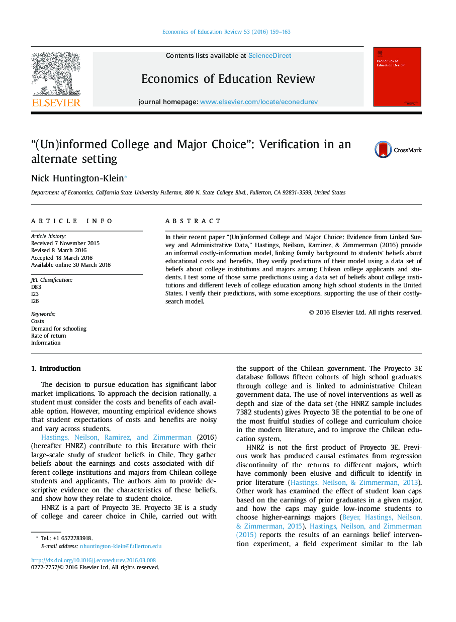 “(Un)informed College and Major Choice”: Verification in an alternate setting