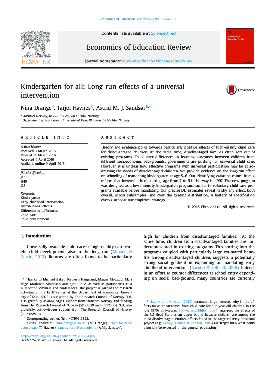 Kindergarten for all: Long run effects of a universal intervention 