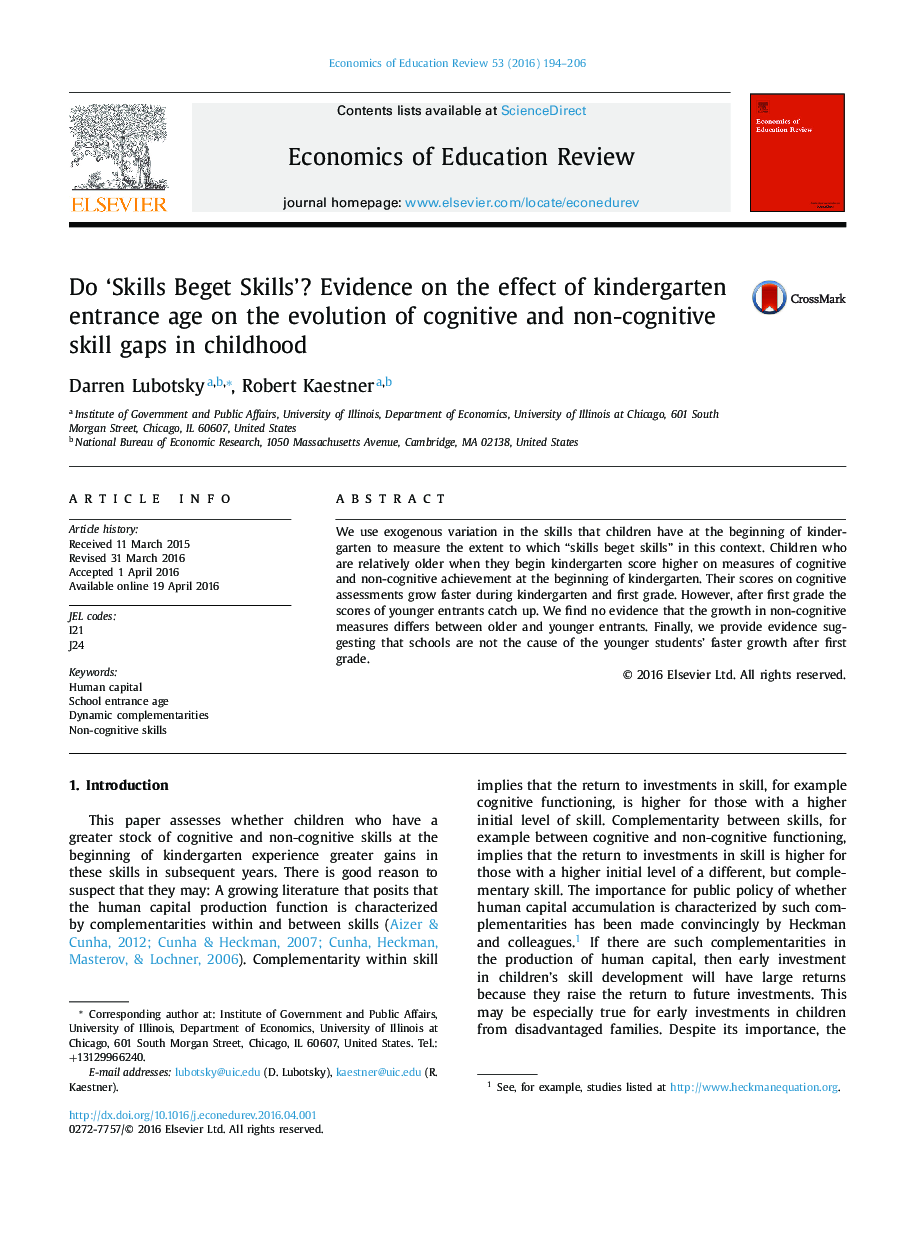 Do `Skills Beget Skills'? Evidence on the effect of kindergarten entrance age on the evolution of cognitive and non-cognitive skill gaps in childhood
