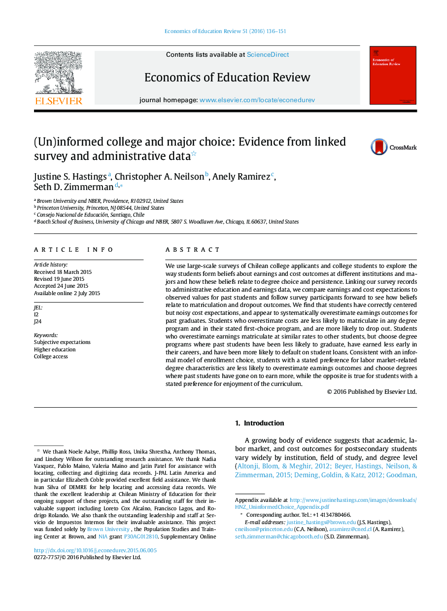 (Un)informed college and major choice: Evidence from linked survey and administrative data 