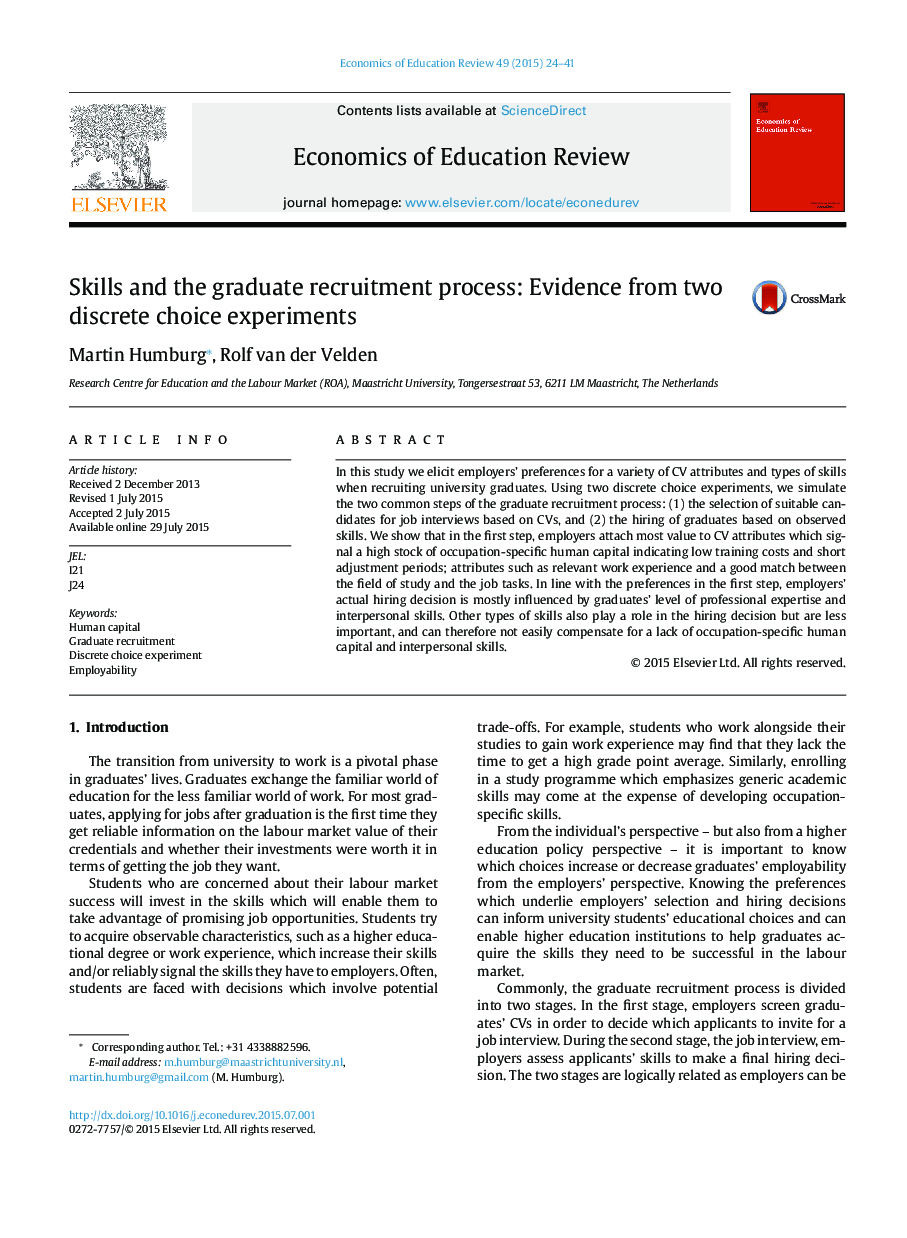 Skills and the graduate recruitment process: Evidence from two discrete choice experiments