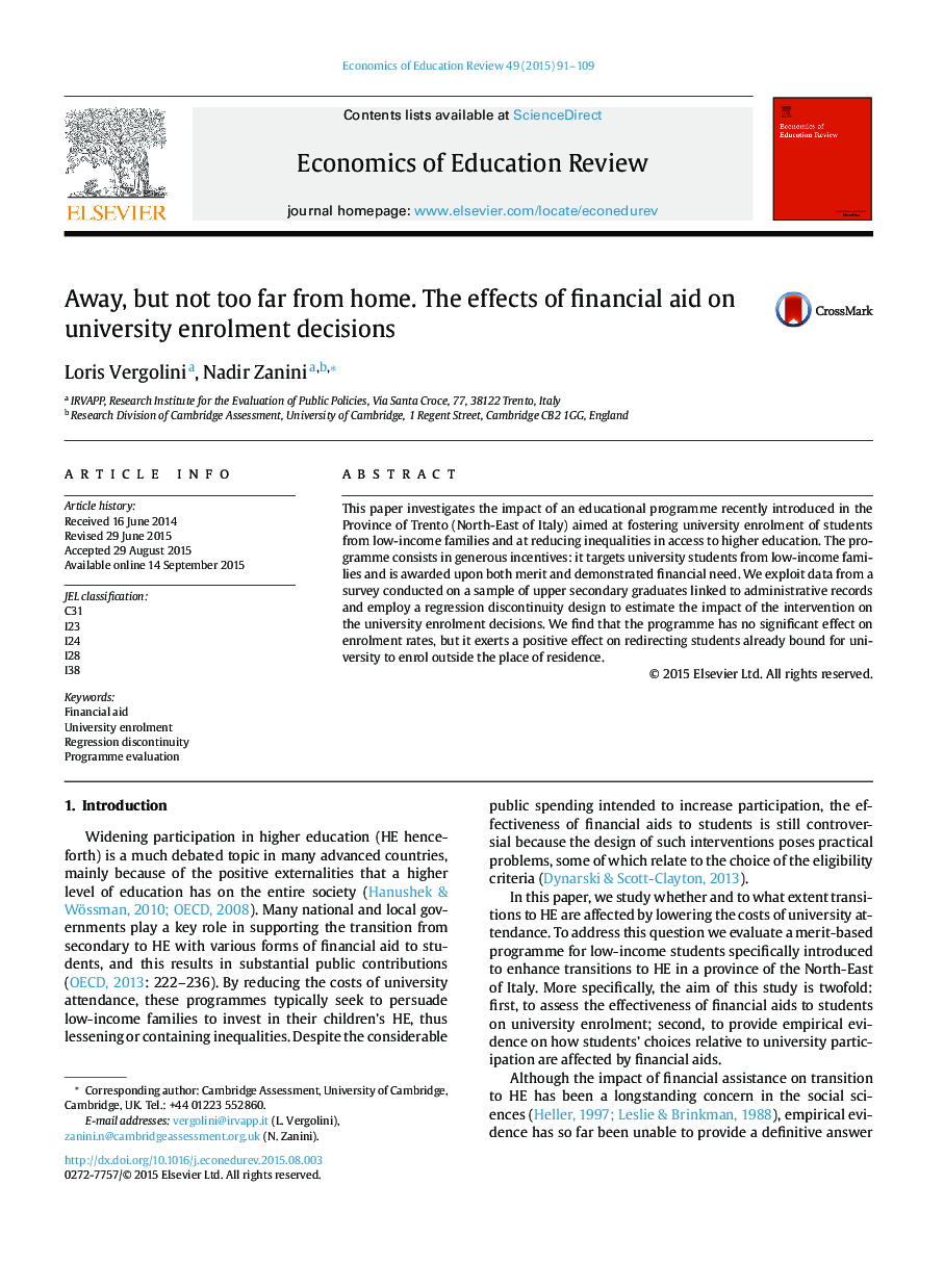 Away, but not too far from home. The effects of financial aid on university enrolment decisions