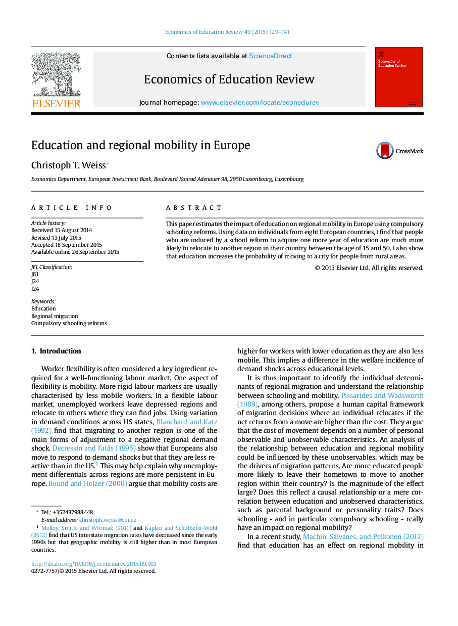 Education and regional mobility in Europe